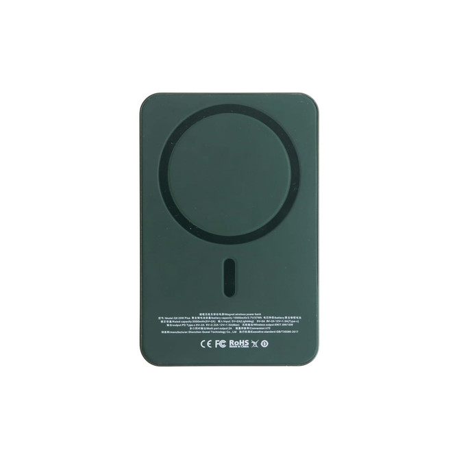 A dark green magnetic wireless power bank with a circular charging area and a logo.