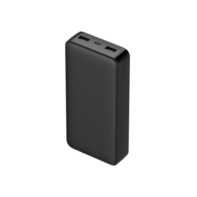 A black 20000mAh power bank with two USB ports and a USB-C port, featuring a sleek, minimalist design.
