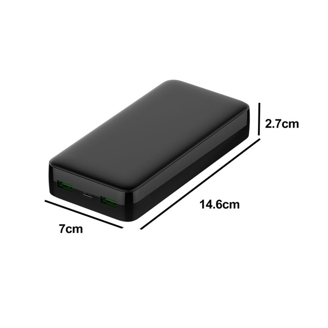 A black power bank with dimensions 14.6 cm x 7 cm x 2.7 cm, featuring multiple ports and a logo.