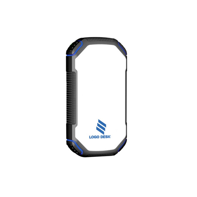 A rugged black and blue power bank with a logo on a white surface, designed for outdoor use.