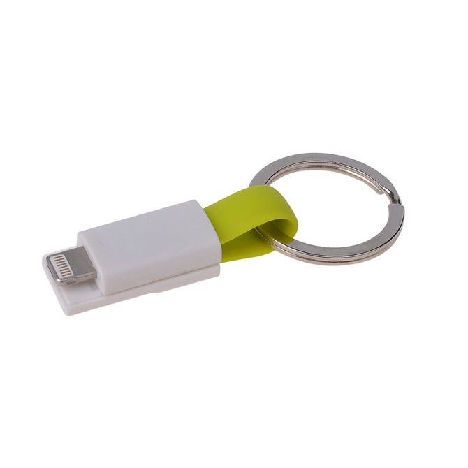 A white and green magnetic charging cable attached to a keyring. It has a sleek design with a keychain loop.