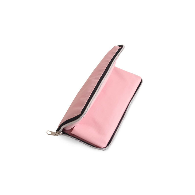 A pink foldable tote bag is partially unzipped, displaying its compact, lightweight design. The bag features a zipper and a lining.