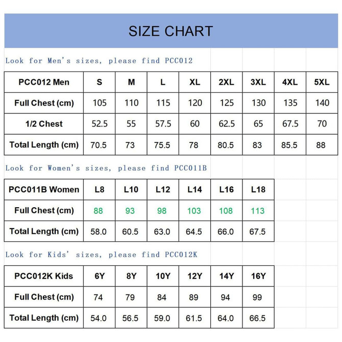 A size chart for men's, women's, and kids' polo shirts, displaying measurements for various sizes in a clear format.