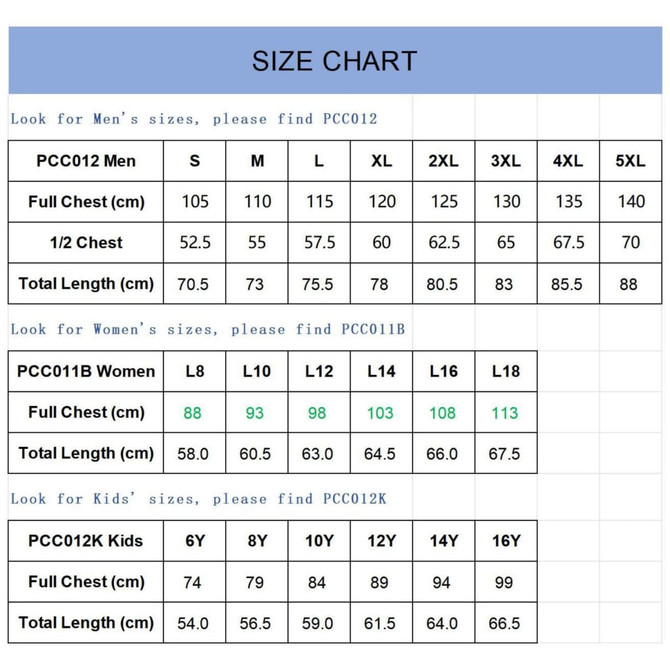 A size chart detailing measurements for men's, women's, and kids' polo shirts in centimetres.