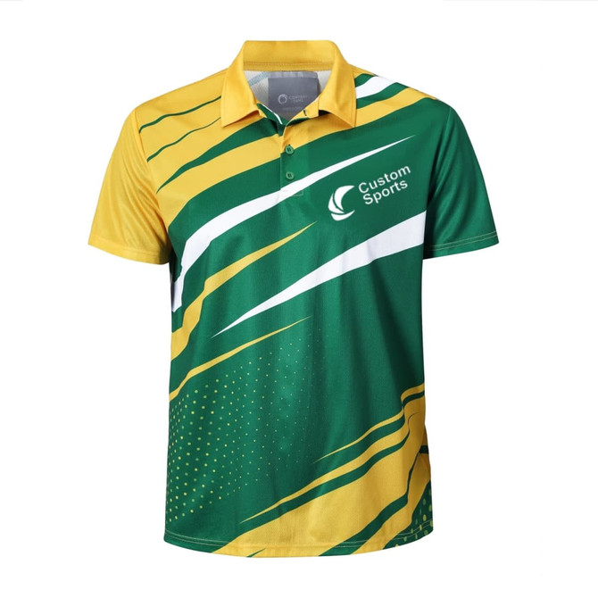 A green and gold polo shirt featuring a dynamic design and a logo. Made from 100% polyester.