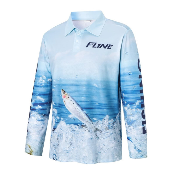 A light blue long-sleeve polo shirt featuring a fishing design and a logo on the sleeve.