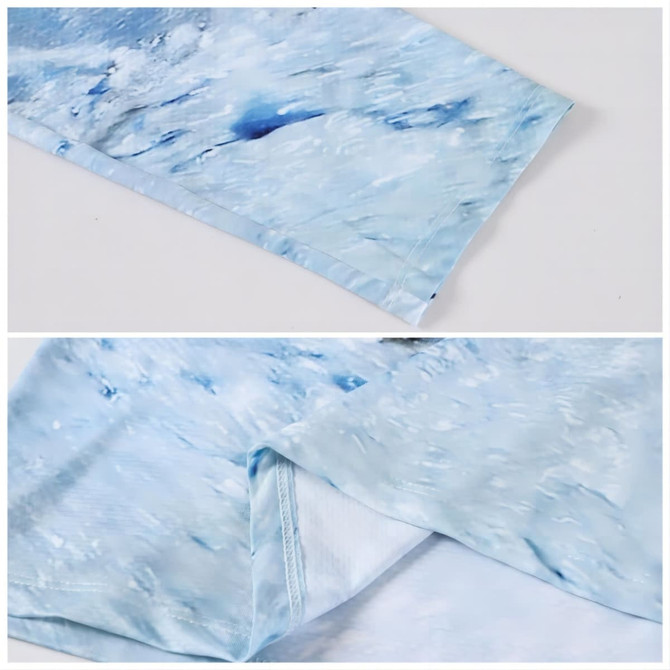 A close-up of a light blue polyester spandex polo shirt, featuring a sublimated wave pattern. The garment has a seamless finish.