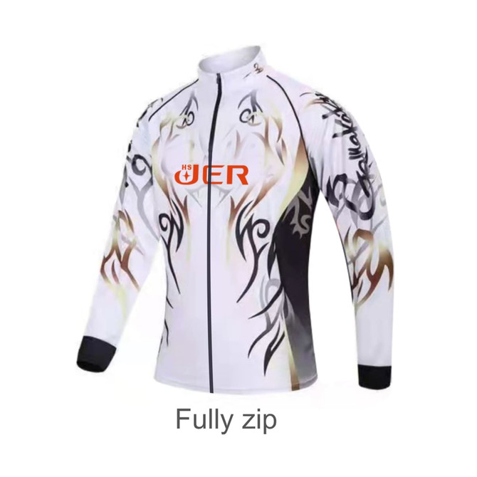 A white and black long-sleeve fishing pullover with a full zip, featuring a tribal design and logo.