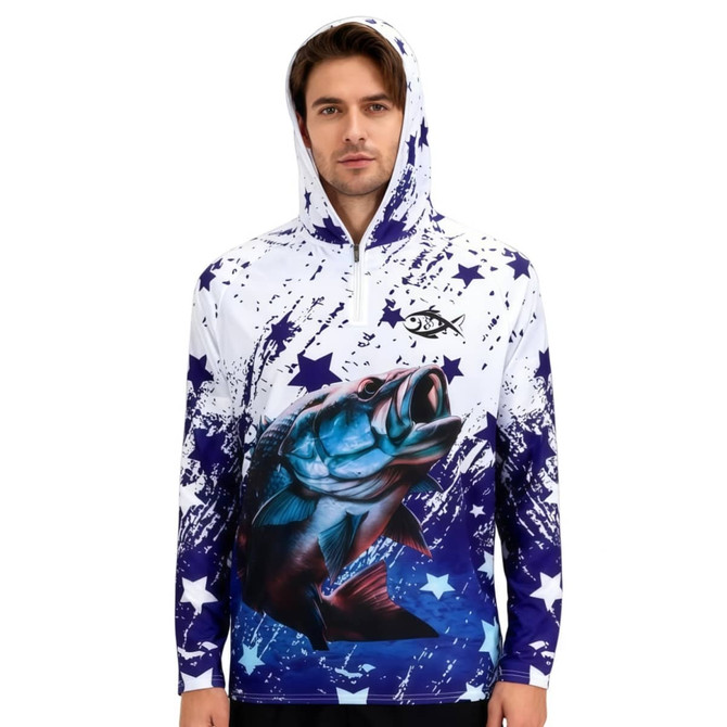 A men's quarter-zip fishing hood shirt in white and blue, featuring a large fish graphic and star patterns.