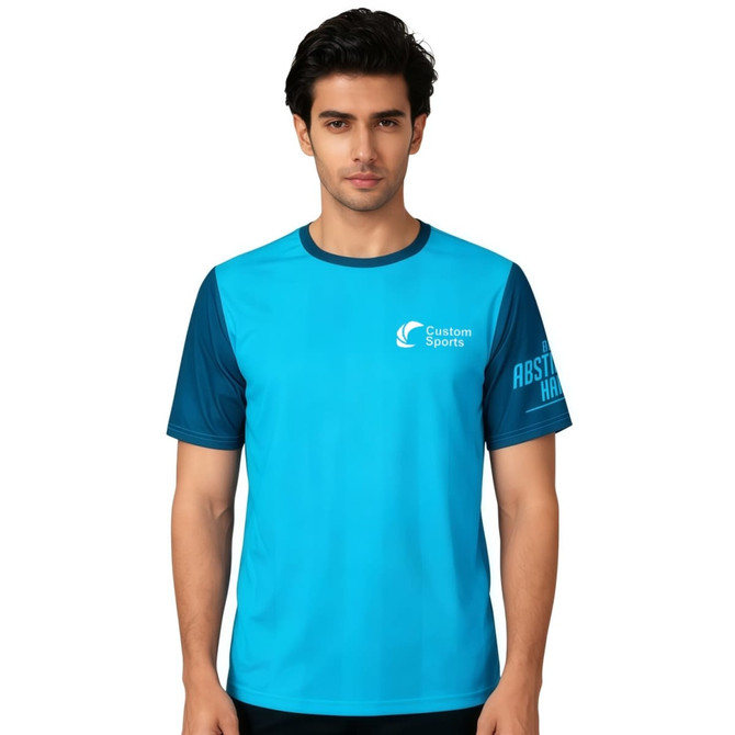 A blue and navy 100% polyester sublimated T-shirt with a logo on the front.