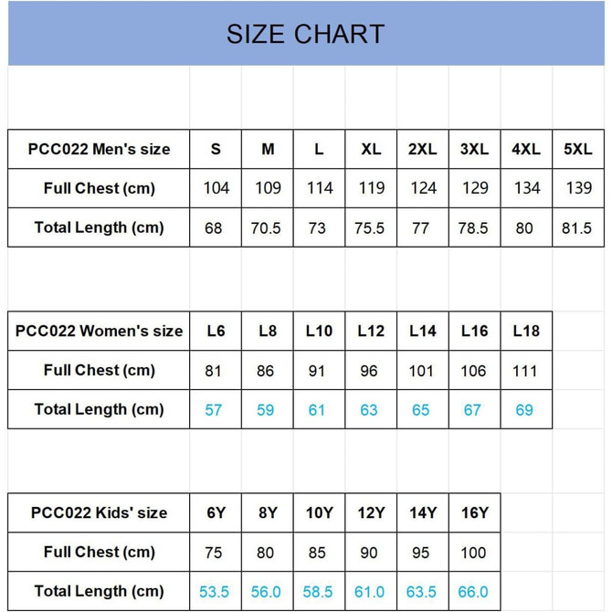 A size chart detailing measurements for men's, women's, and kids' sizes of a sports tee shirt in various dimensions.