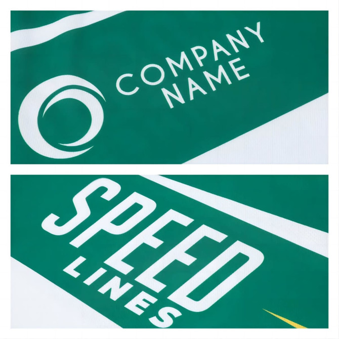 A green sports tee shirt featuring a logo and the text "SPEED LINES" in bold white letters.