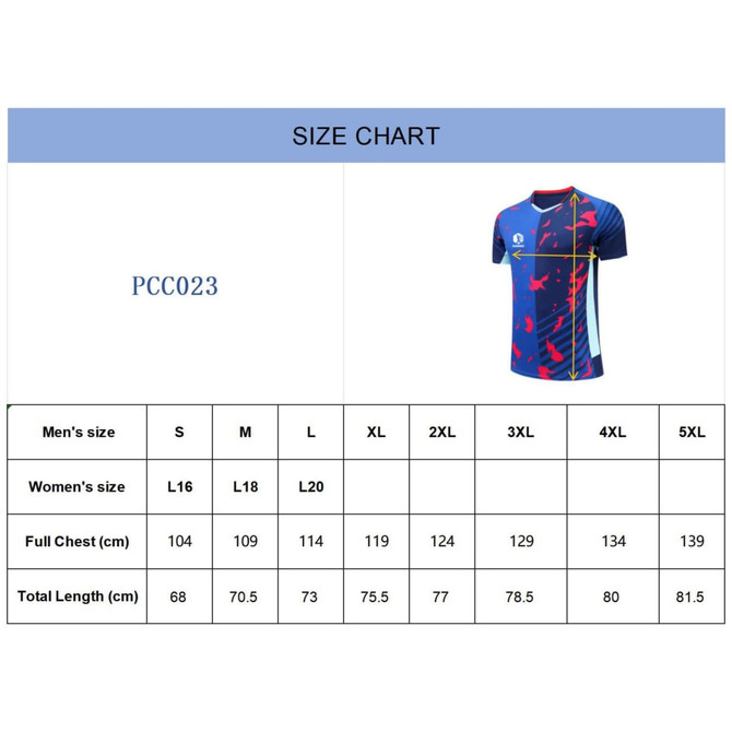 A size chart for a multi-coloured unisex T-shirt with dimensions for men's and women's sizes. Features a logo.