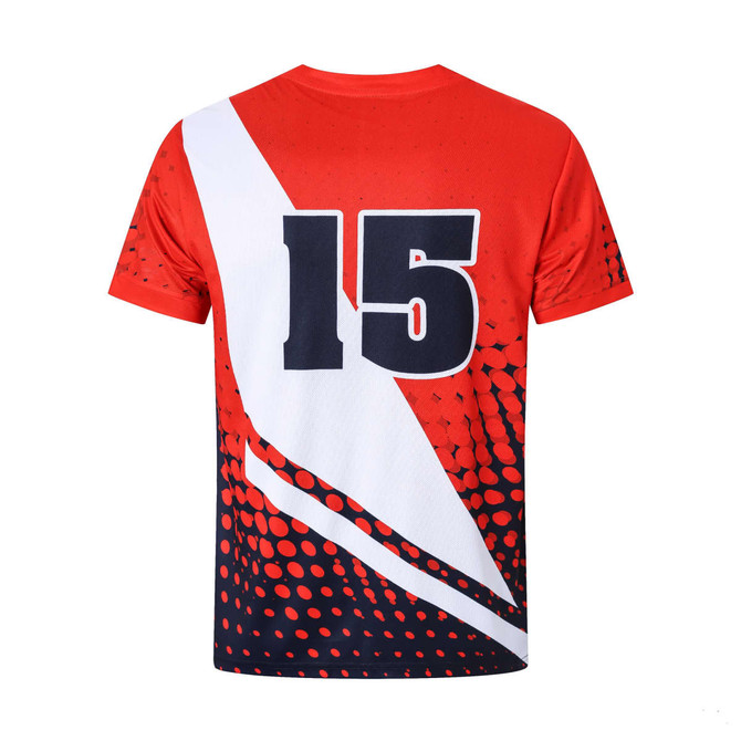 A red and navy polyester football jersey featuring a bold number 15 and a patterned design. It includes a logo.