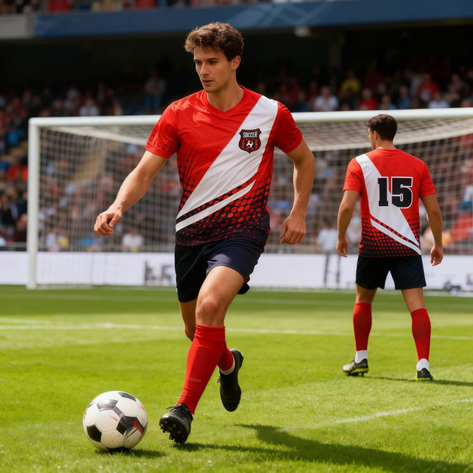 Unisex adults' football jersey in red and navy with a diagonal design and a logo. Features a sporty fit for active wear.