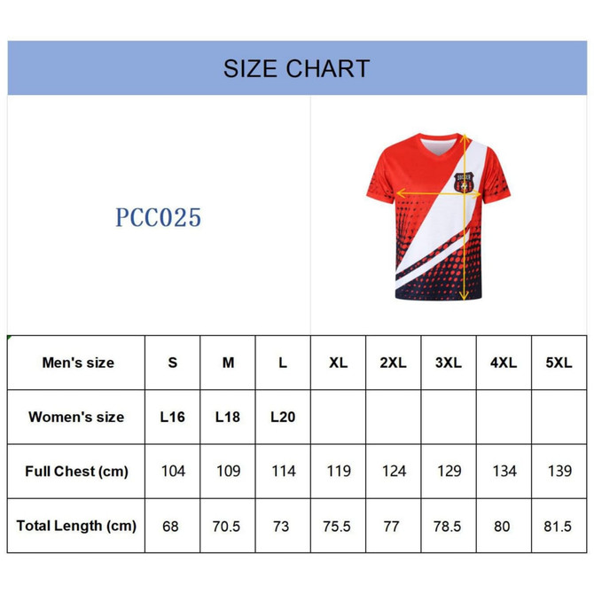 A red and white sublimated football jersey with a dynamic design and a logo on it. Features a size chart next to it.