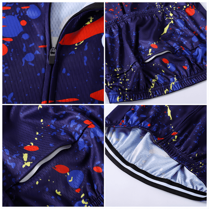 A men's long sleeve cycling jersey in navy blue with vibrant splashes of red, yellow, and green, featuring a zip and logo.