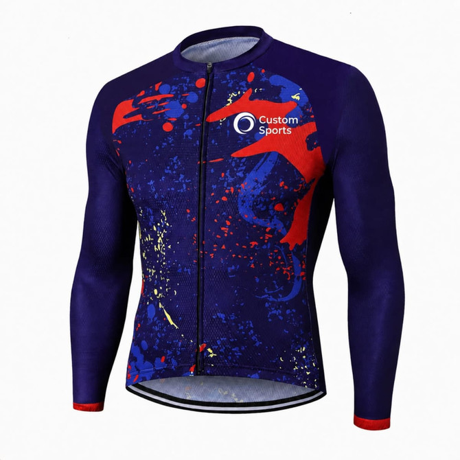 Men's long sleeve cycling jersey in purple with red and blue graphic patterns, featuring a front zip and a logo.
