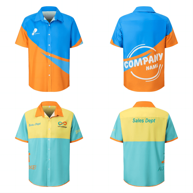 A vibrant button-up shirt featuring blue, orange, and yellow colours with branding on the front and back.