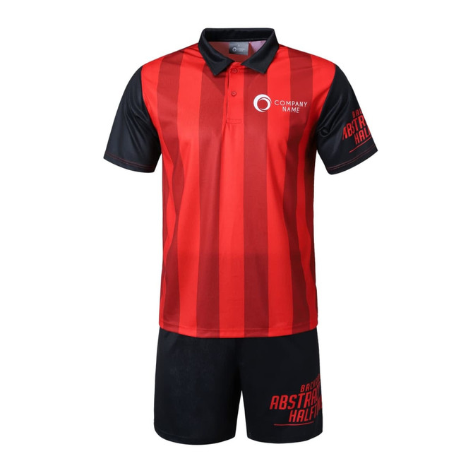 A red and black sports uniform featuring a polo shirt and shorts, with a logo on the shirt and branding on the shorts.