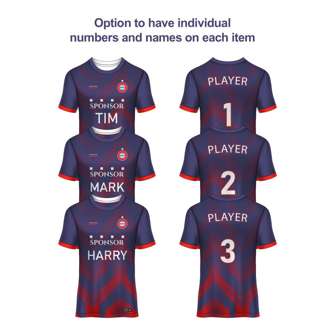 A sports uniform featuring navy and red sublimated jerseys with space for player names and numbers, adorned with a logo.