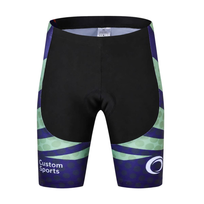 Men's sublimated cycling shorts in black with green and navy patterns, featuring branding on the side.