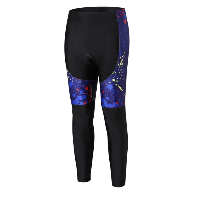 Men's sublimated cycling tights in black with blue and multi-coloured splatter details, featuring a logo.