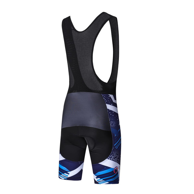Men's cycling bib shorts in blue and black with a mesh upper and a logo on the back.