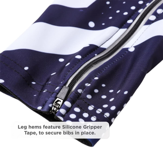 Men's sublimated cycling bib tights in navy blue and white with zip detail and silicone gripper tape at leg hems.