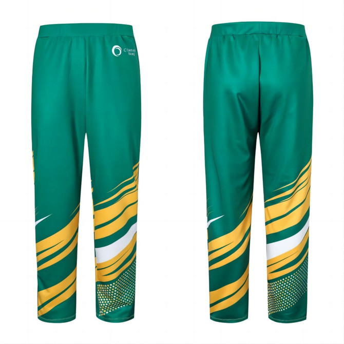 Unisex adult pants in green with yellow accents and a patterned design. Features a logo on one side.