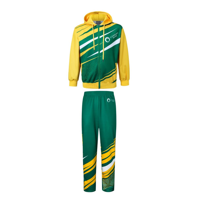 A set of unisex adult pants and a jacket in green and yellow with a logo, featuring a modern, sporty design.