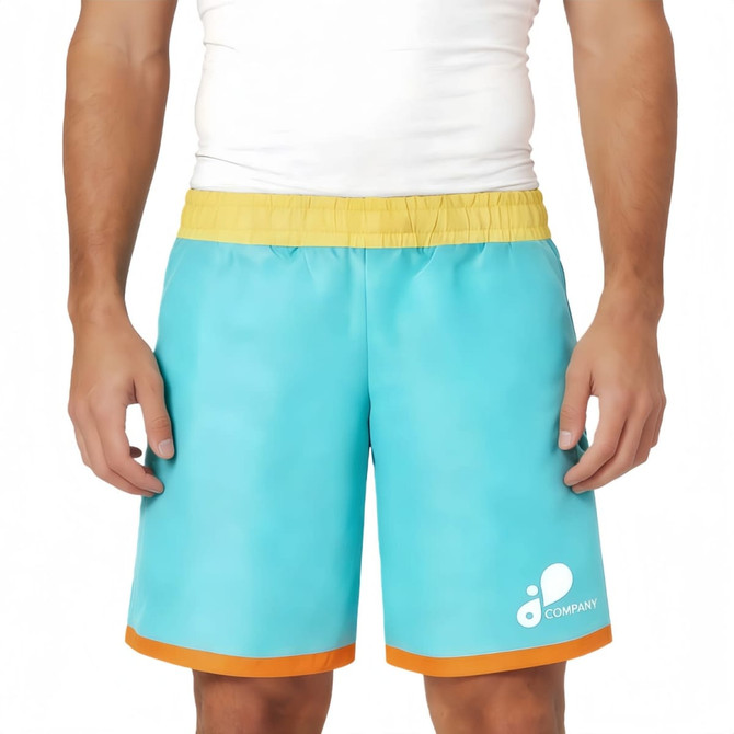 Men's polyester beach shorts in turquoise with orange and yellow accents, featuring a logo on the leg.