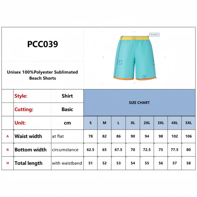 Men's polyester sublimated beach shorts in light blue with orange detailing. Features a waistband and pockets.