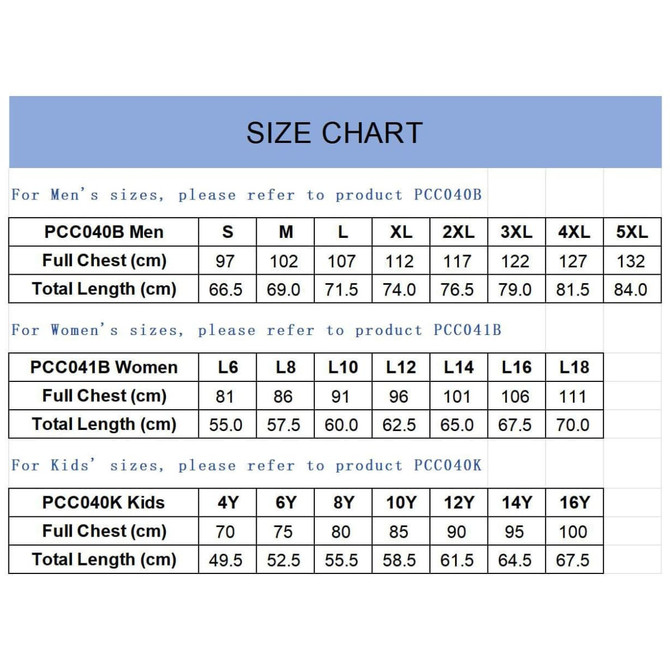 A size chart for a sublimated sports singlet, detailing measurements for men’s, women’s, and kids' sizes.