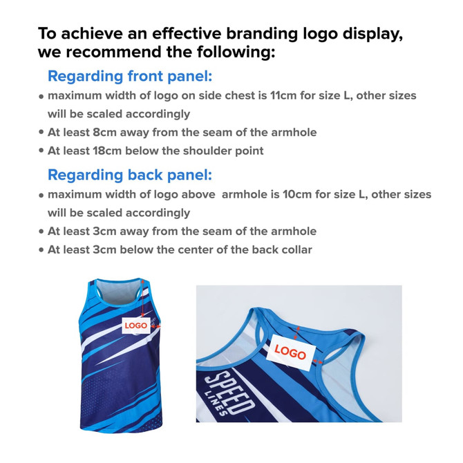 A sports singlet in blue with a multi-tone pattern and a logo on the front. Features a sleeveless design.