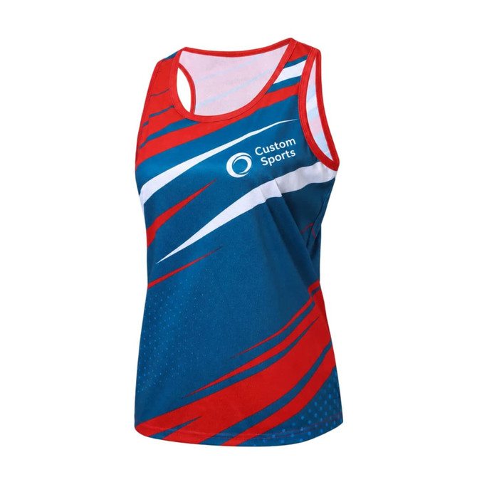 A blue and red sublimated sports singlet featuring a logo on the front and dynamic design elements.