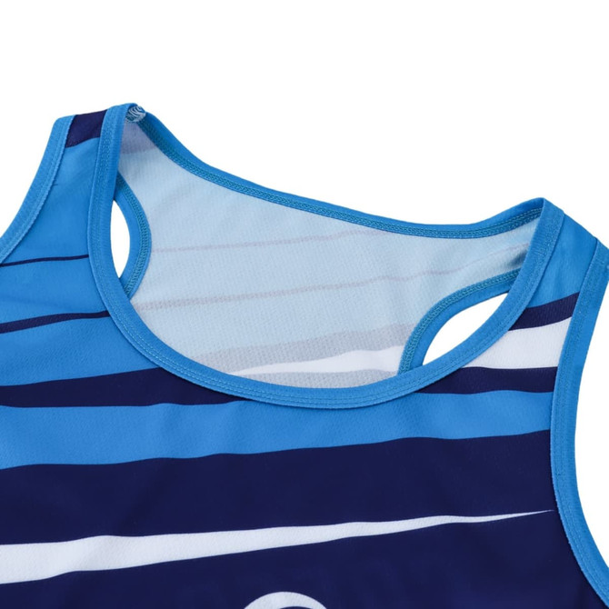 A sports singlet with blue and navy stripes, featuring a breathable design and a logo.