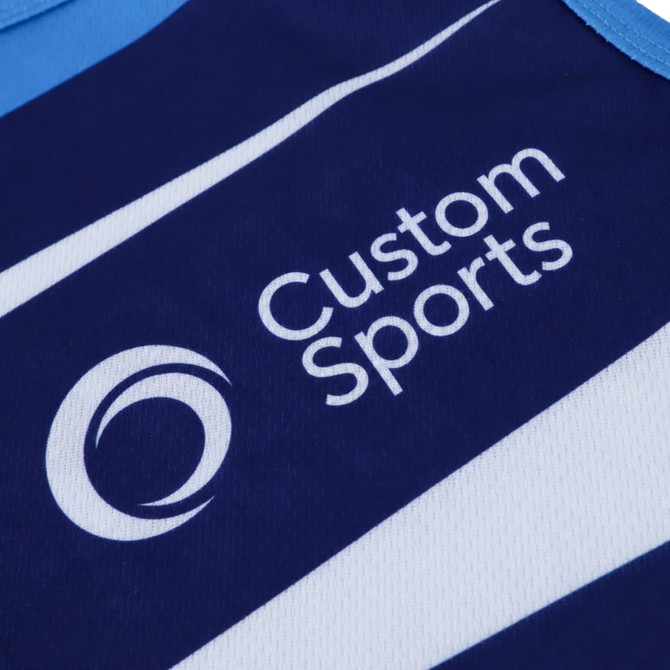 A navy blue sports singlet with light blue accents and a logo featuring the text "Custom Sports."