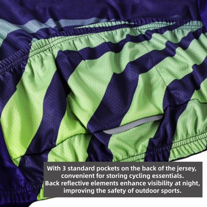 A purple and green men's sublimated cycling vest with reflective elements and three standard back pockets.