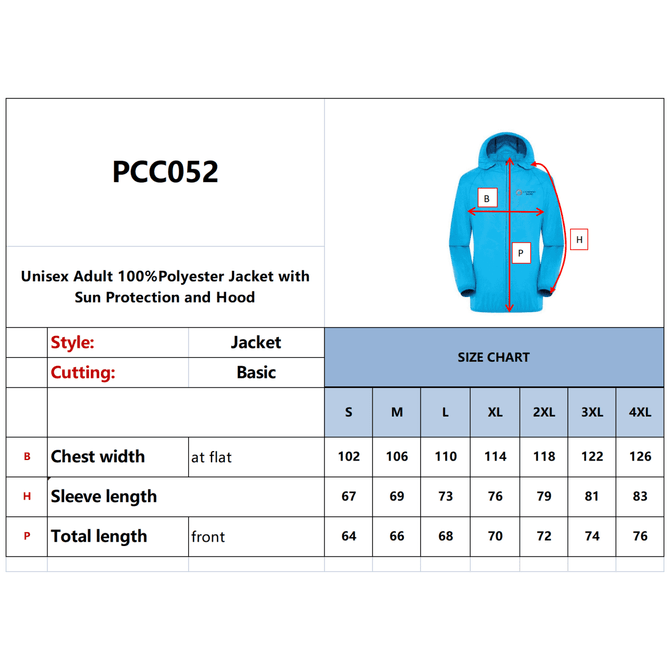 A unisex adult jacket in blue, made from 100% polyester, featuring sun protection and a hood, with a logo.