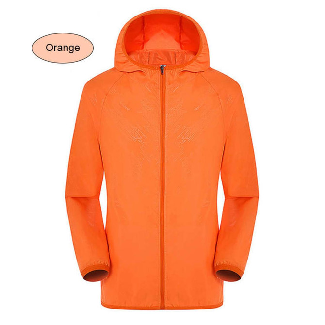 An orange unisex adult jacket made of 100% polyester, featuring a hood and sun protection. Includes a logo.