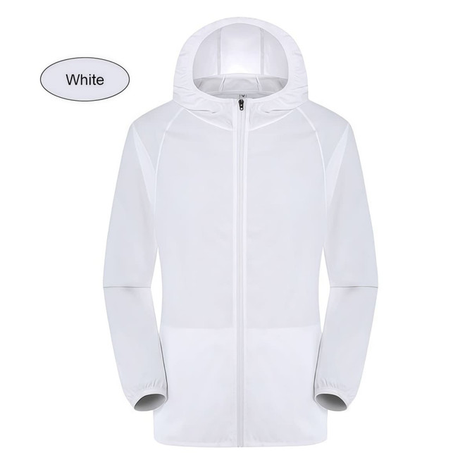 A white unisex jacket made from 100% polyester, featuring a hood and sun protection, with a logo present.