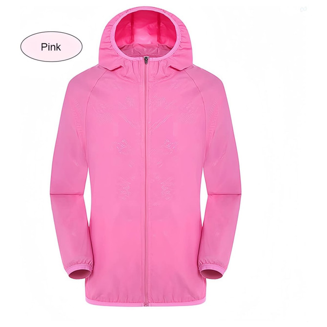 A pink unisex adult jacket made of 100% polyester, featuring sun protection and a hood. It has a logo.