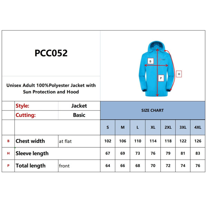 A blue unisex adult jacket made of 100% polyester, featuring sun protection and a hood, with a size chart included.