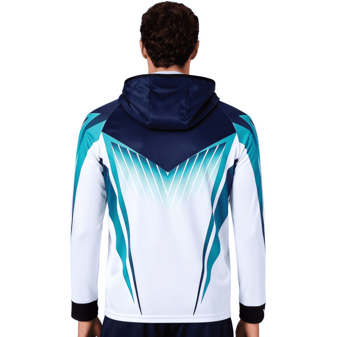 A men's hooded fishing jacket in navy and white with a striking geometric design on the back and logo branding.
