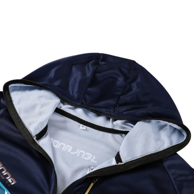 A navy hooded jacket made of 100% polyester, featuring a lined interior and a logo on the front.