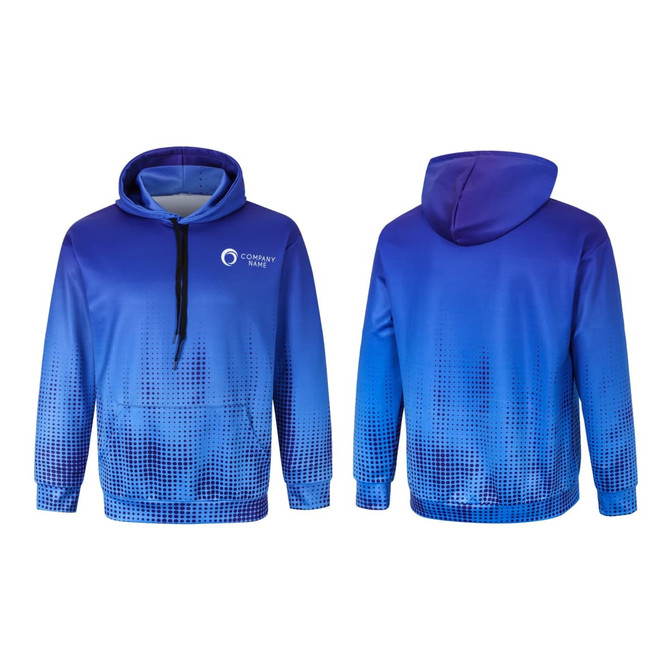 A blue gradient hoodie made of polyester and spandex, featuring a logo on the front.