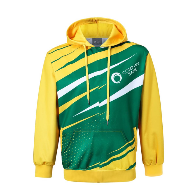 A green and yellow unisex hoodie with a vibrant design and a front pocket, featuring a logo on the chest.