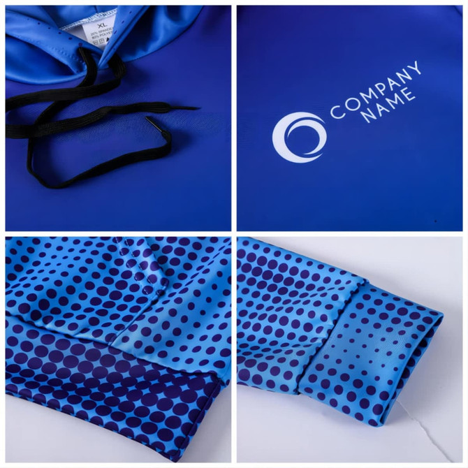 A blue polyester spandex hoodie featuring a pocket, with a logo and a patterned design in various shades of blue.