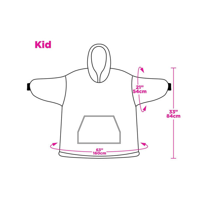 A line drawing of a kids' wearable blanket, featuring a hood, large front pocket, and measurements in pink.